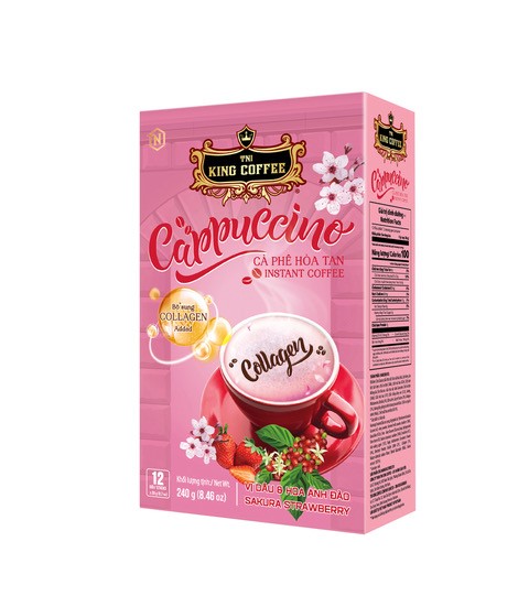 Cà Phê Hòa Tan Cappuccino Collagen KING COFFEE vị Dâu và Hoa Anh Đào - Hộp 12 gói x 20g